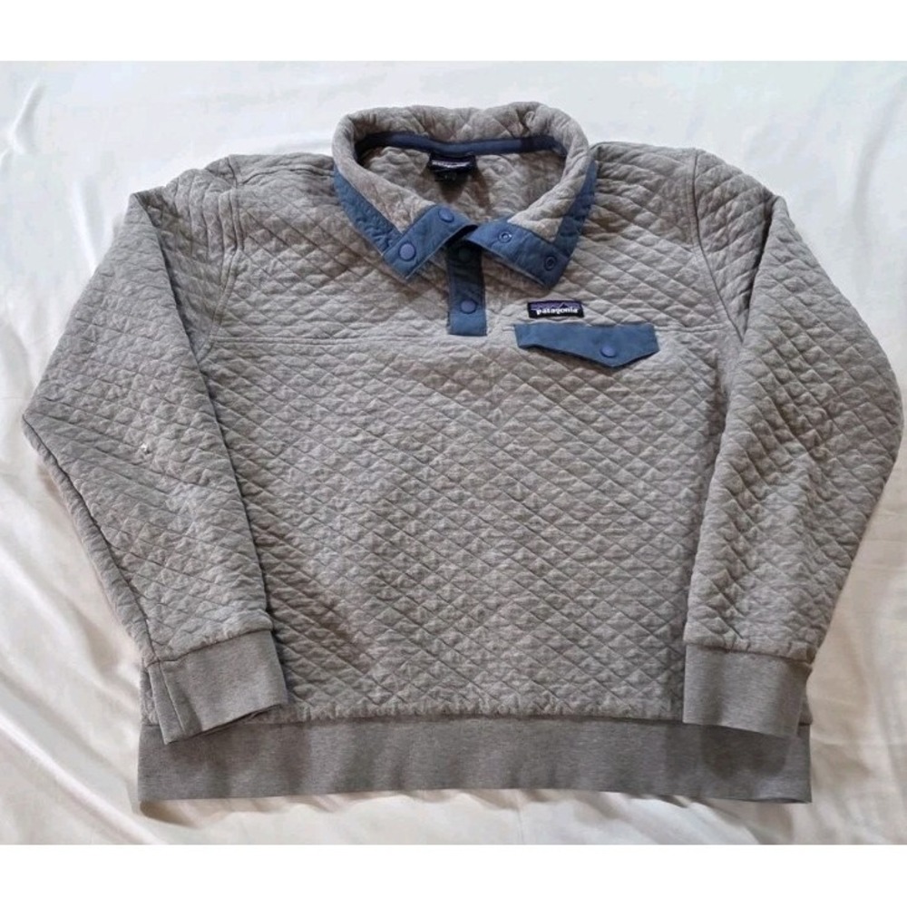 Patagonia‎ Worn Wear Womens Organic Cotton Quilt Snap-T Pullover Gray/Blue Sz Lg